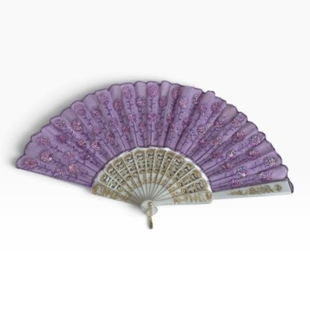 Vintage Lavender Sequin Embroidered Folding Fan Carved White & Gold Guards EXC